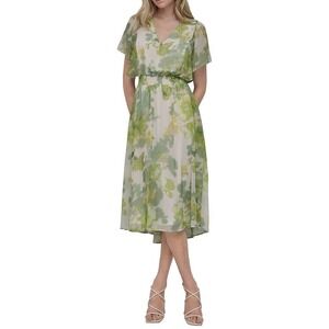 DKNY Floral Print V Neck Flutter‎ Sleeve Midi Dress Women Size 14 Green White